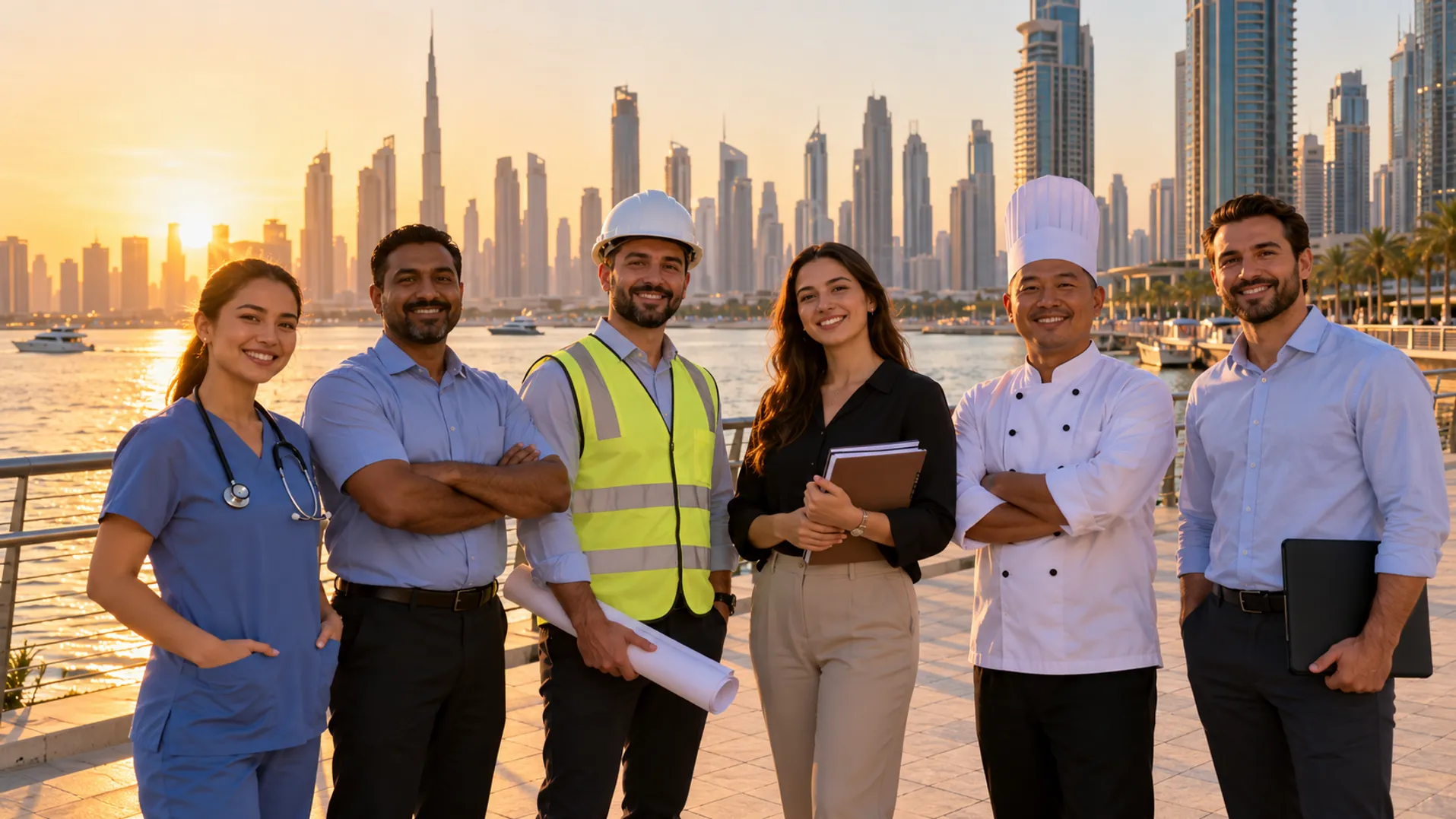 Nurse, driver, engineer, teacher and other professionals standing together on a Dubai waterfront promenade at golden hour
